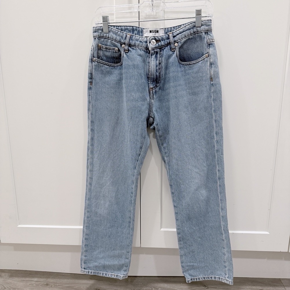 MSGM Milano Logo Print Straight Leg Jeans Light Wash Denim Size 40 Italy - Picture 1 of 15